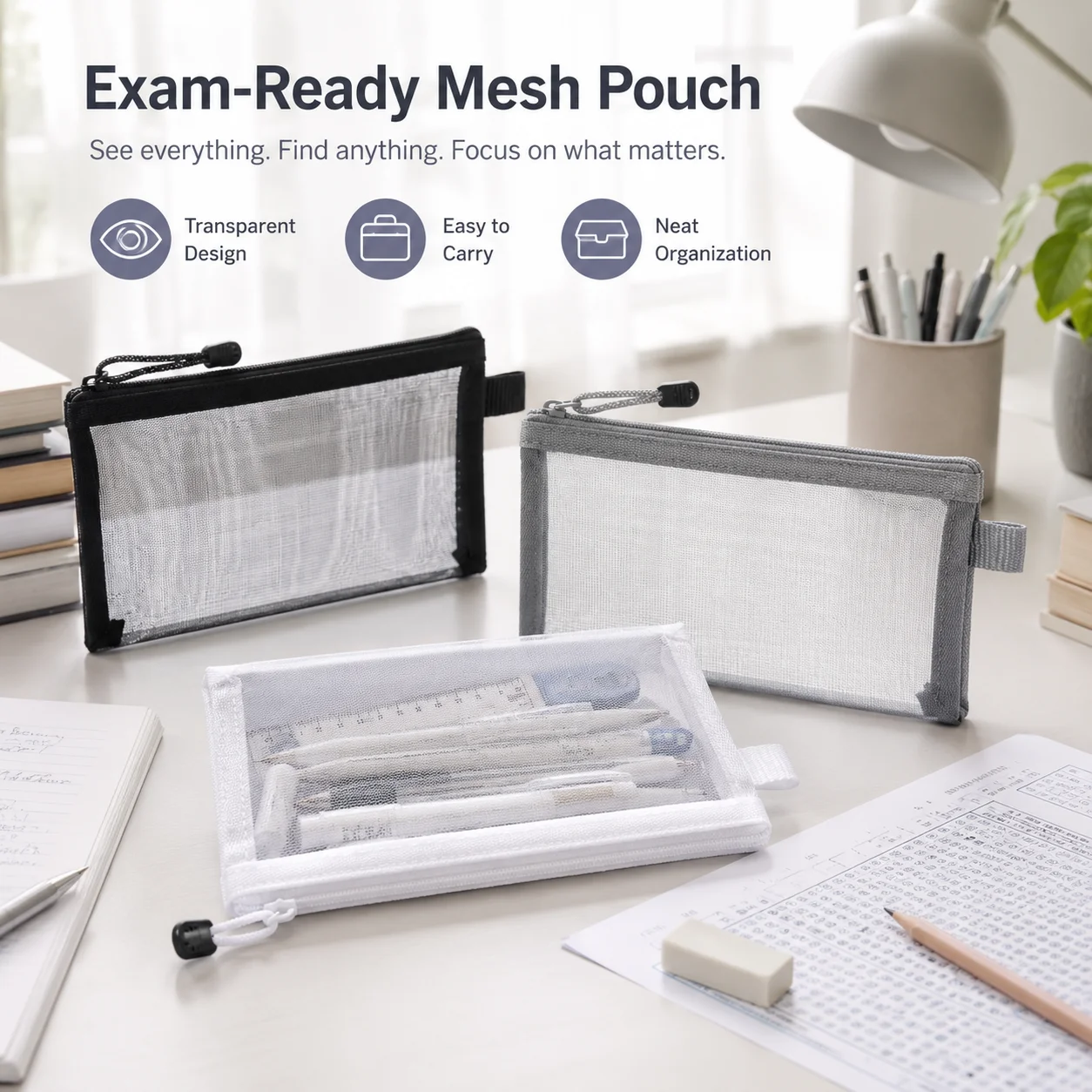 Clear Mesh Pencil Pouch For Exam - Transparente Netztasche für Stifte, durchsichtiges Federmäppchen